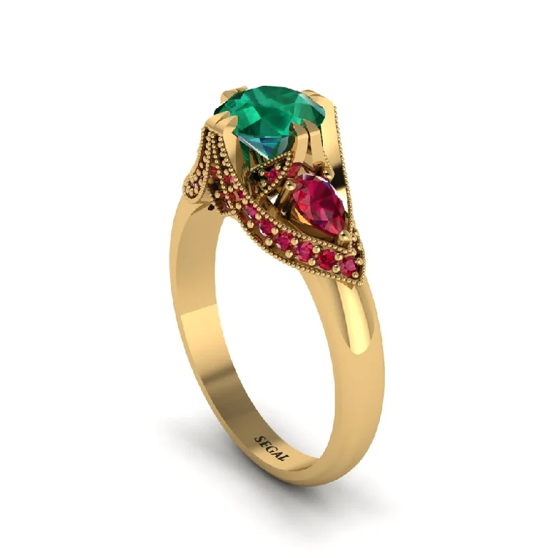 Bold Rose Gold Rings For Statement Fashion-Emerald Vintage Round Cut Engagement Ring - Kali No. 49