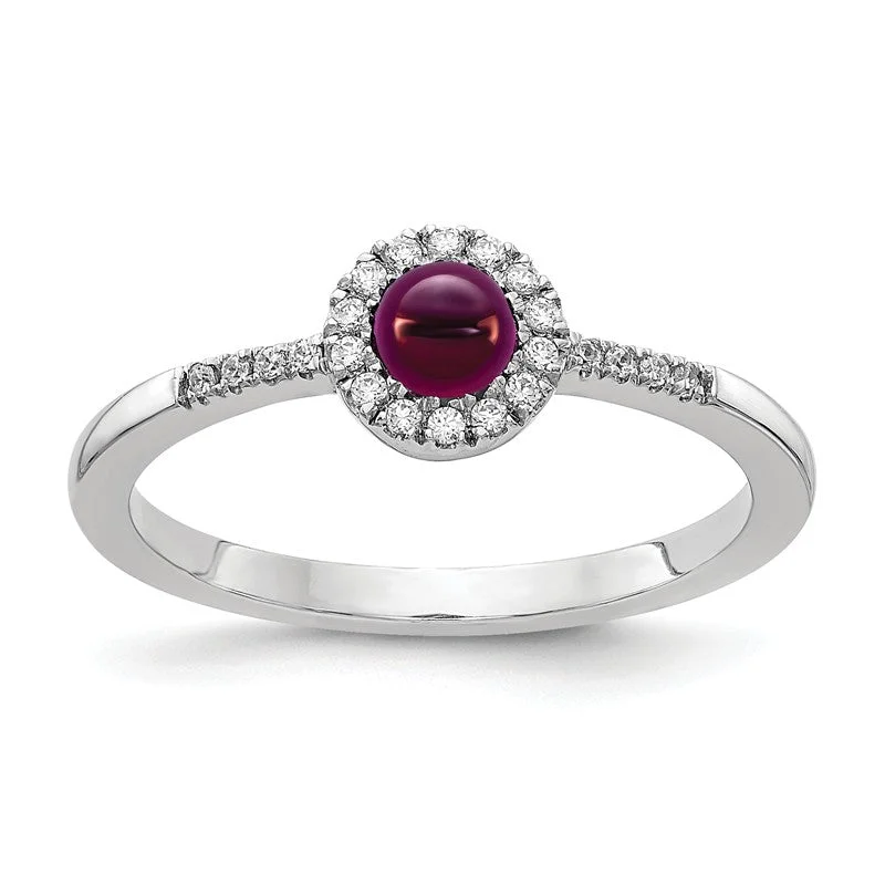 Beautiful Wedding Bands For Elegant Occasions-14k White Gold Diamond Halo And Rhodolite Garnet Chabochon Ring