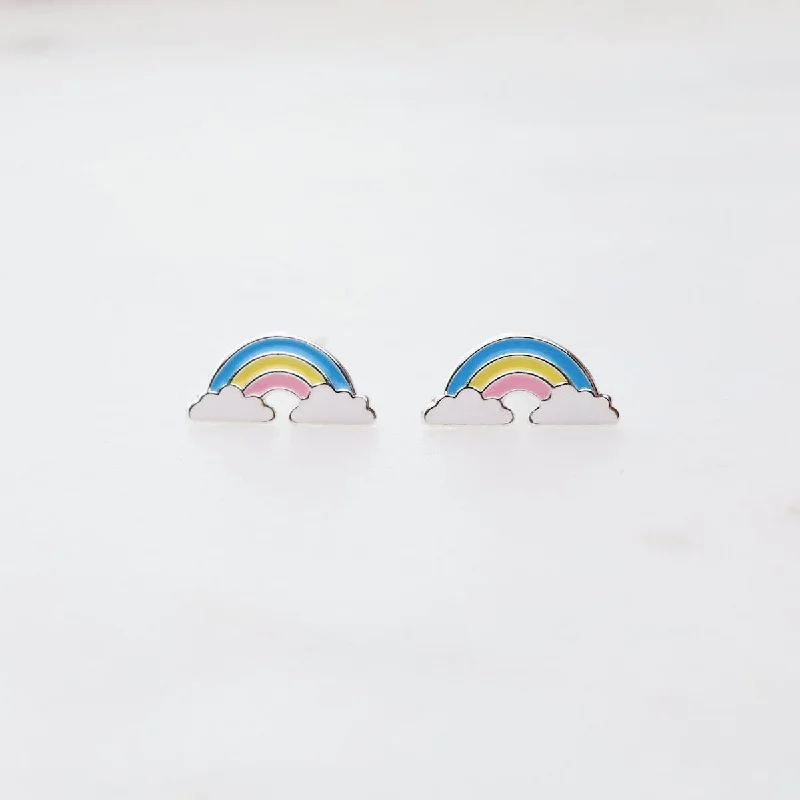 Classic Earrings For Wedding Glam-Enamel Rainbow in Clouds Post Earrings - Blue, Yellow, & Pink