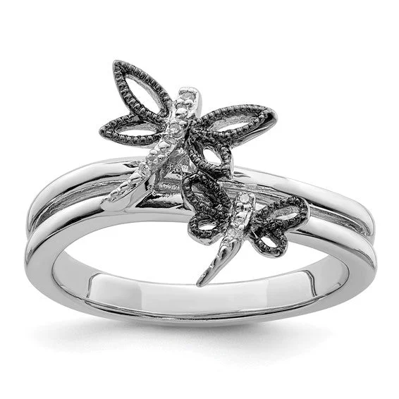 Luxury Diamond Rings For Elegant Weddings-Sterling Silver Diamond Double Dragonfly Ring