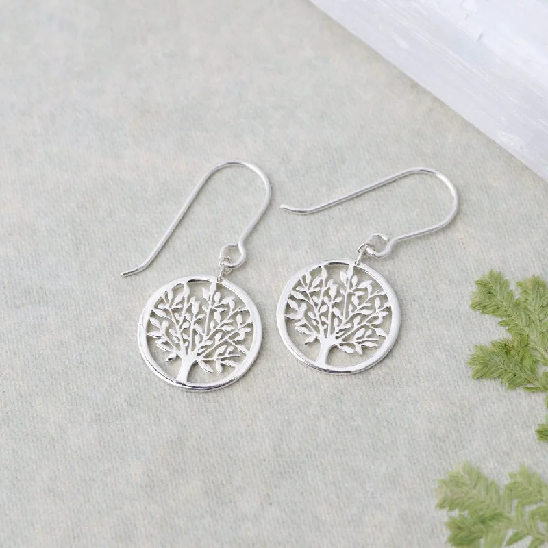 Lightweight Earrings For Comfortable Wear-Sterling Silver Small Tree of Life in Circle Earrings