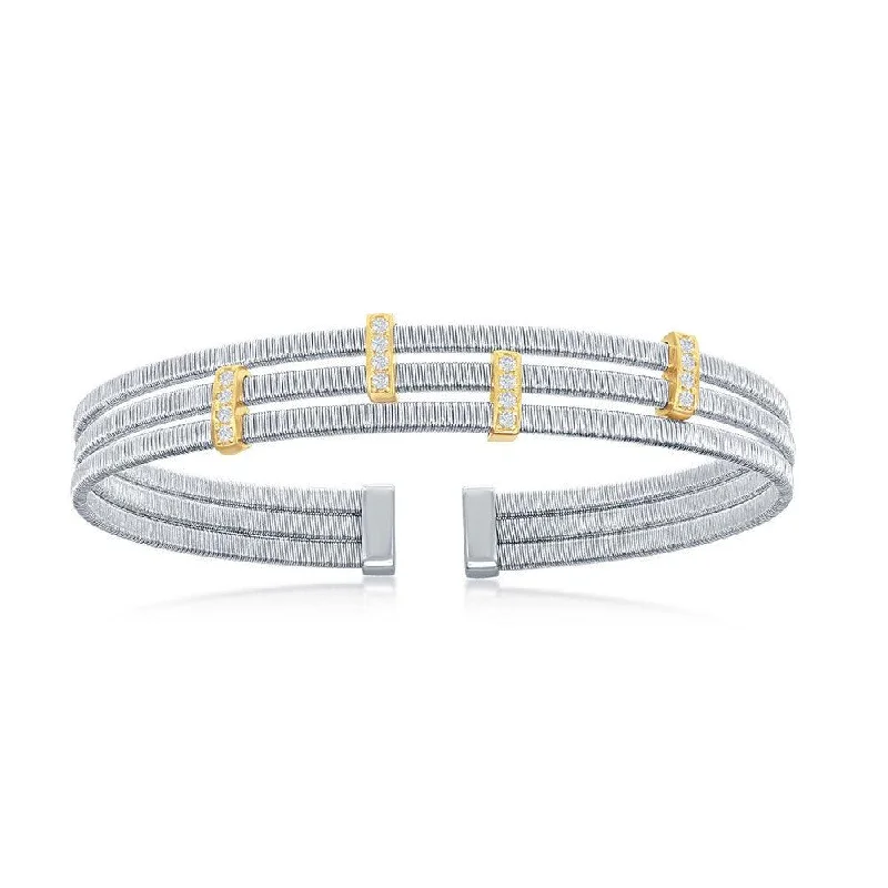 Stylish Bangles For Party and Evening Wear-Sterling Silver Bonded with 14K GP CZ Bars Triple Wire Bangle