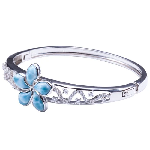 Simple Custom Birthstone Bangles For Personalized Gifts-Sterling Silver Larimar Bangle 22mm Plumeria in the Center