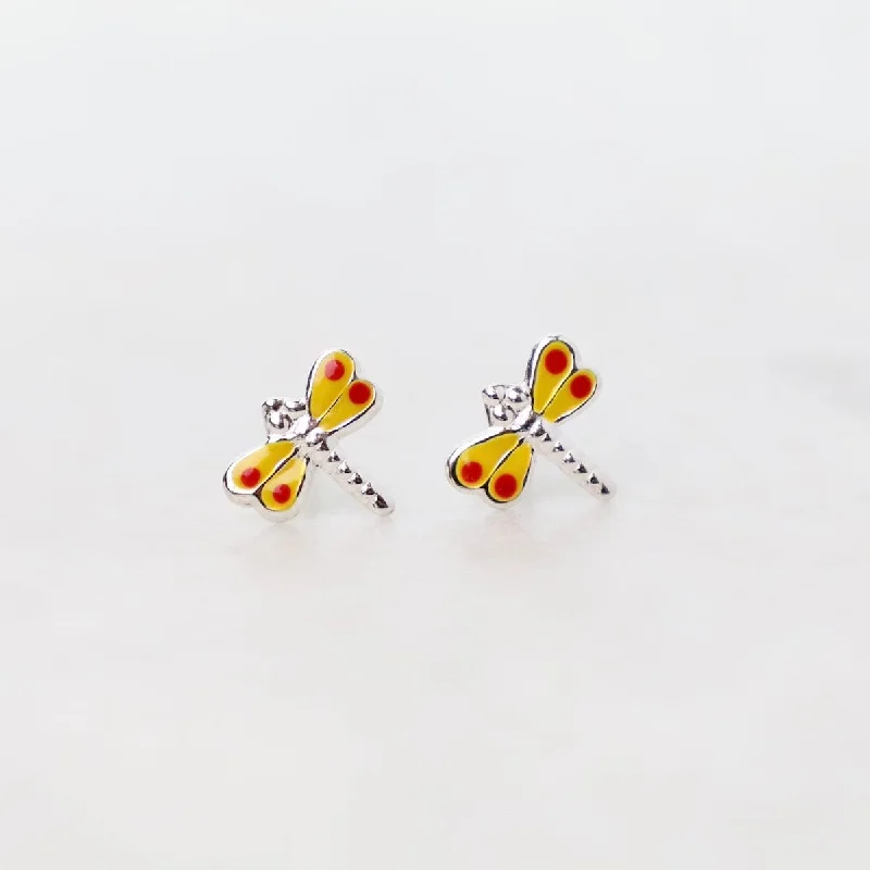 Gold Stud Earrings For Elegant Looks-Enamel Dragonfly Post Earrings in Yellow