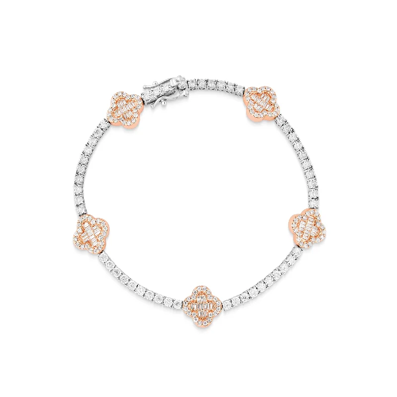 Simple Gold-Plated Bracelets For Subtle Glam-10k Rose Gold Baguette and Round Diamond Clover Tennis Bracelet