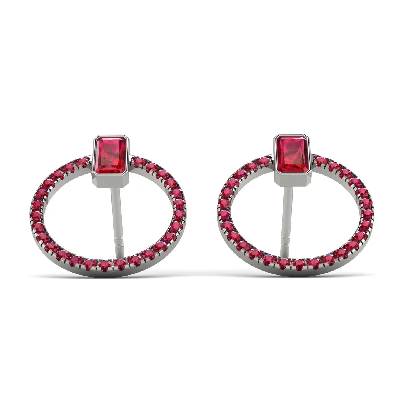 Classic Earrings For Wedding Glam-Emerald Cut Circle Ruby Earrings - Oaklyn No. 57