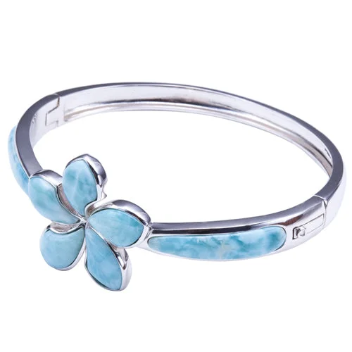 Stunning Gold Wedding Bangles For Timeless Glam-Sterling Silver Larimar Bangle 26mm Plumeria in the Center