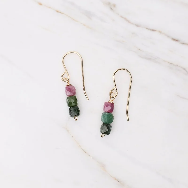 Gold Earrings For Elegant Appeal-Gold Filled 3 Watermelon Tourmaline Cube Stack Drop Earrings