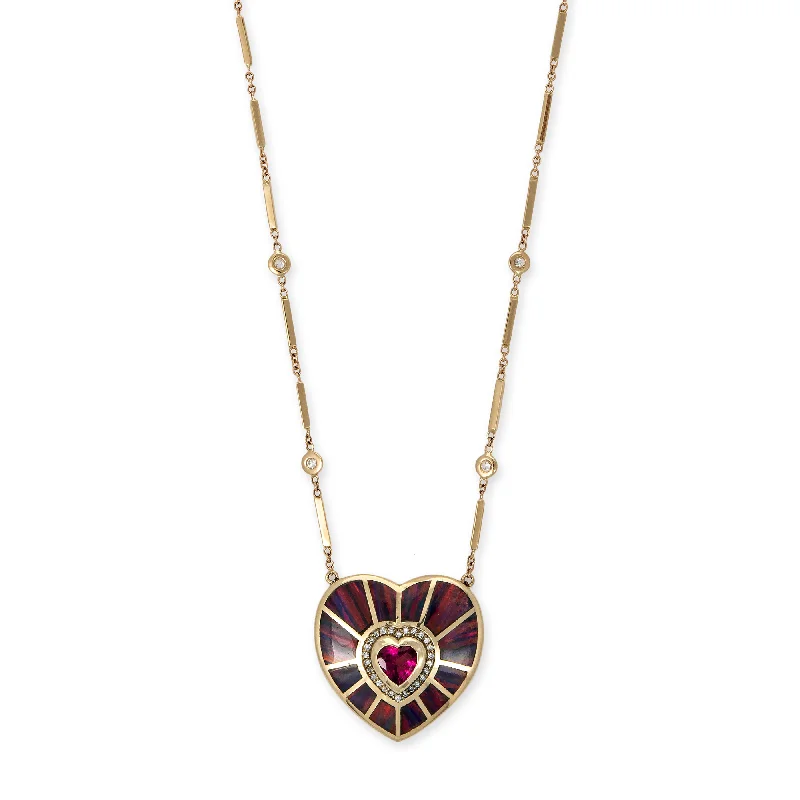 PAVE TOURMALINE HEART CENTER + RED PURPLE OPAL INLAY HEART VORTEX SMOOTH BAR NECKLACE