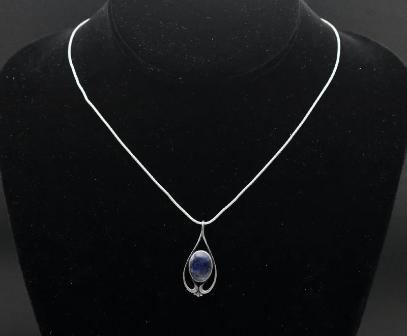 Vintage Sodalite Sterling Silver Pendant on Sterling Silver Italian Snake Link Chain Necklace - 16"