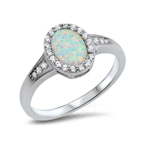 Unique Engagement Rings For Creative Brides-Sterling Silver Oval Created White Opal Halo Ring