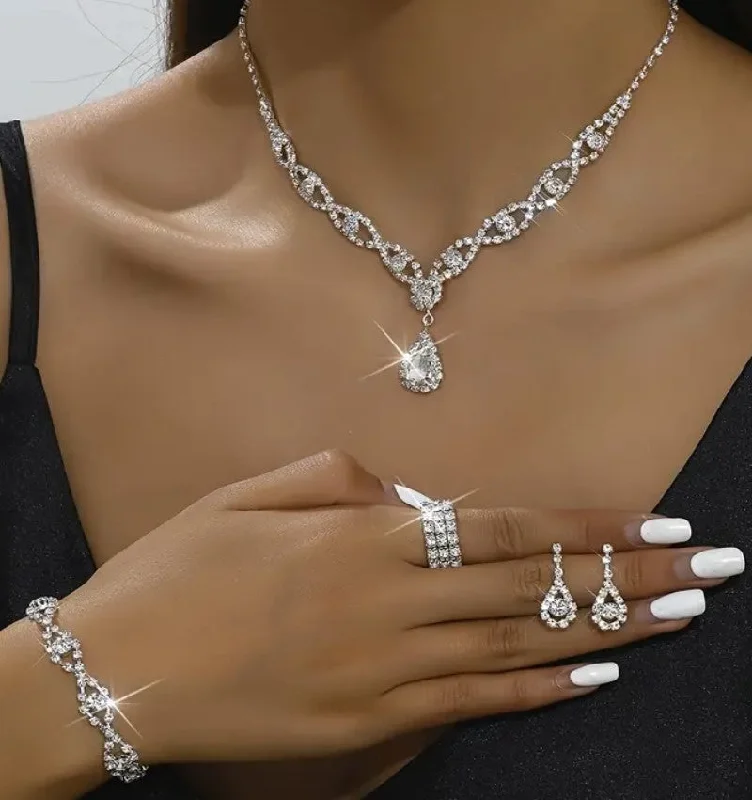 4pcs SILVER Jewelry Set l Rhinestone Earrings l Necklace l Bracelet l Prom l Wedding JS-908