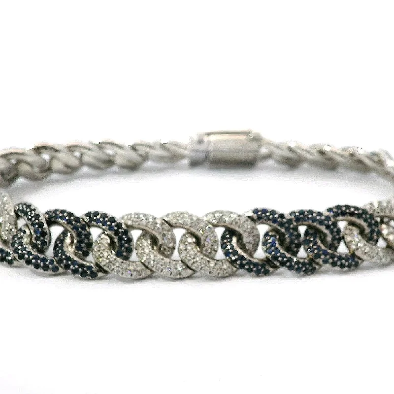 Custom Name-Engraved Bracelets For Thoughtful Gifts-14K White Gold Pave Cuban Link Natural Sapphire and Diamond Bracelet