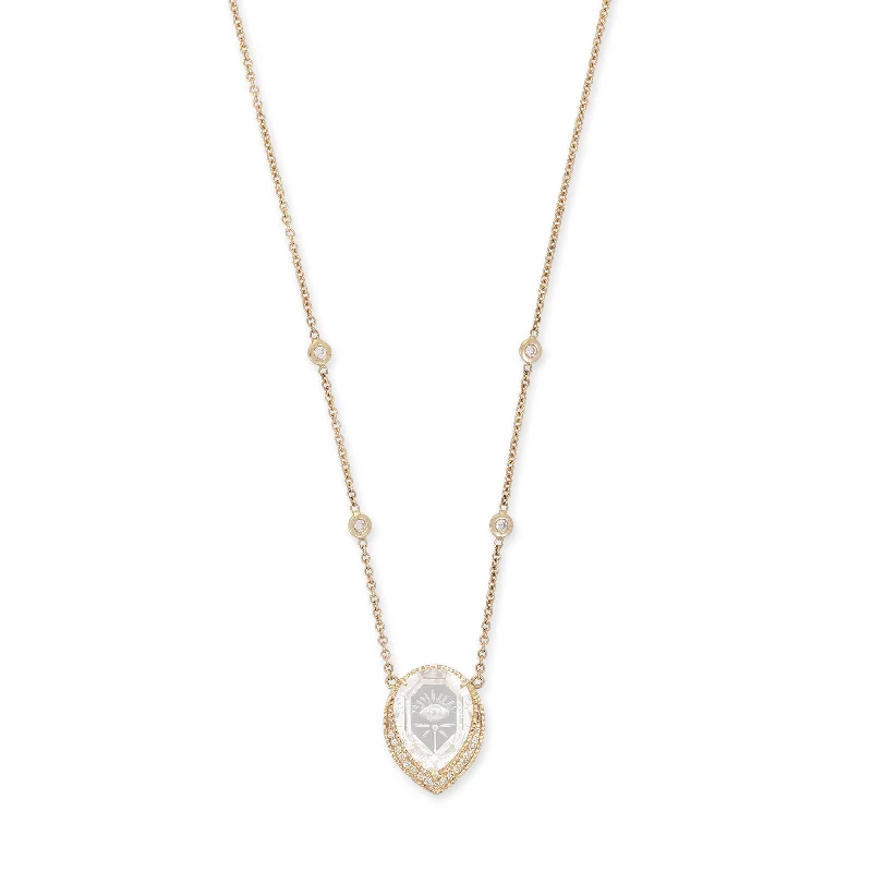 SMALL PAVE CARVED EYE BURST CLEAR QUARTZ TEARDROP NECKLACE