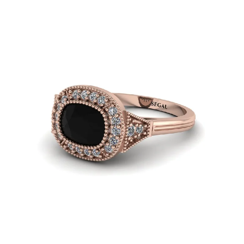 Classic Rose Gold Rings For Timeless Appeal-Cushion Cut Black Diamond Milgrain Halo Engagement Ring - Blake No. 8