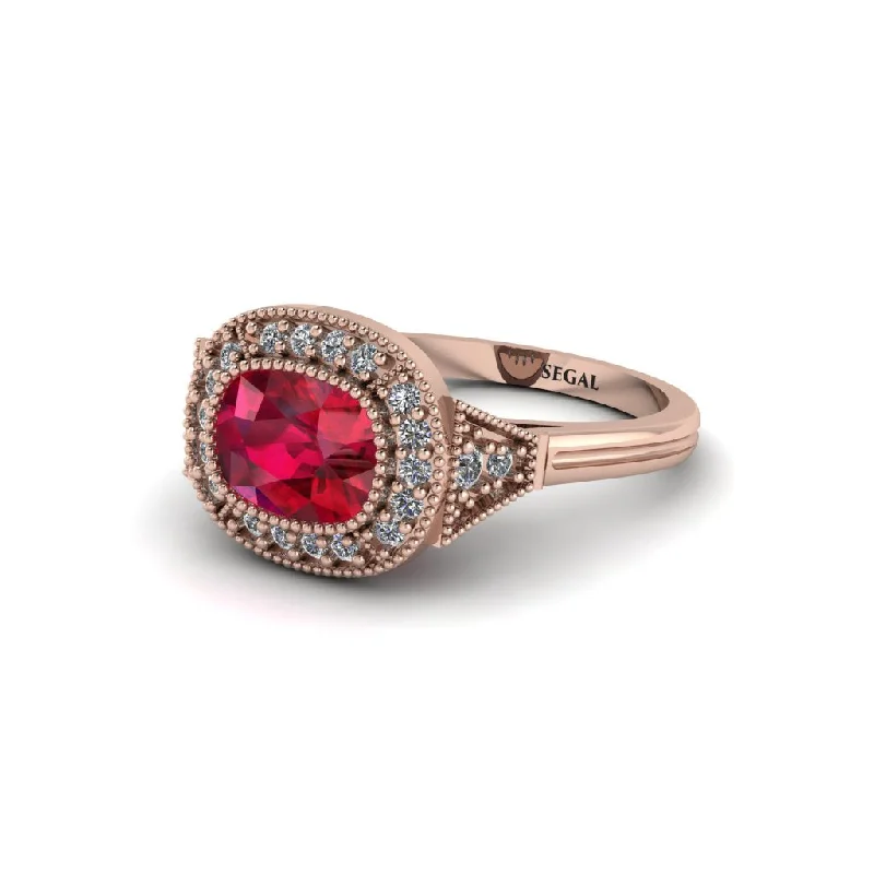 Beautiful Vintage-Inspired Wedding Rings For Classic Brides-Cushion Cut Ruby Milgrain Halo Engagement Ring - Blake No. 11