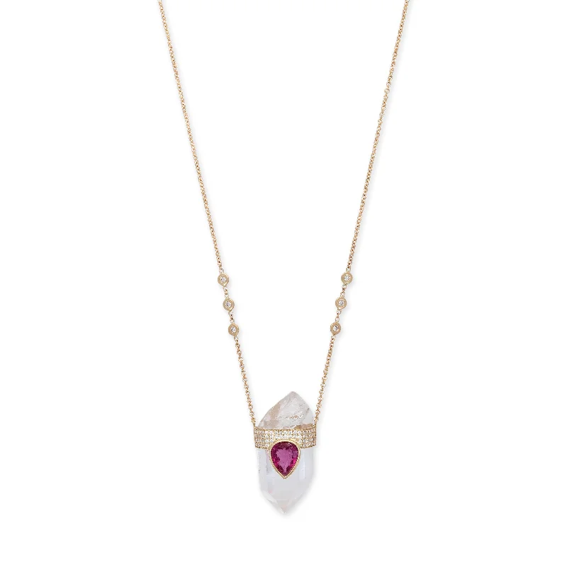 PAVE PINK TOURMALINE TEARDROP CAP + CLEAR QUARTZ CRYSTAL NECKLACE