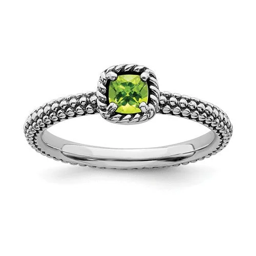 Classic Engagement Rings For Elegant Glam-Sterling Silver Stackable Expressions Checker-Cut Cushion Peridot Antiqued Ring