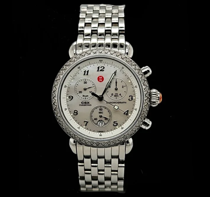 Elegant Luxury Watches With Swarovski Crystals-Michele CSX 39 Chronograph Mother of Pearl Stainless Steel Diamond Bezel Watch- ESTATE