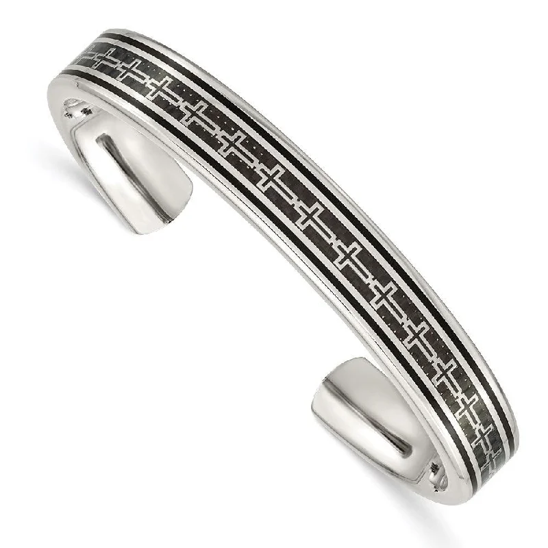 Sparkling Silver Bangles For Everyday Elegance-Stainless steel Polished Carbon Fiber Inlay/Black IP-plated Cross Bangle