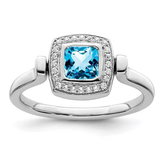 Sparkling Rings For Special Events-14K White Gold Cushion Cut Swiss Blue Topaz And Diamond Flip Ring