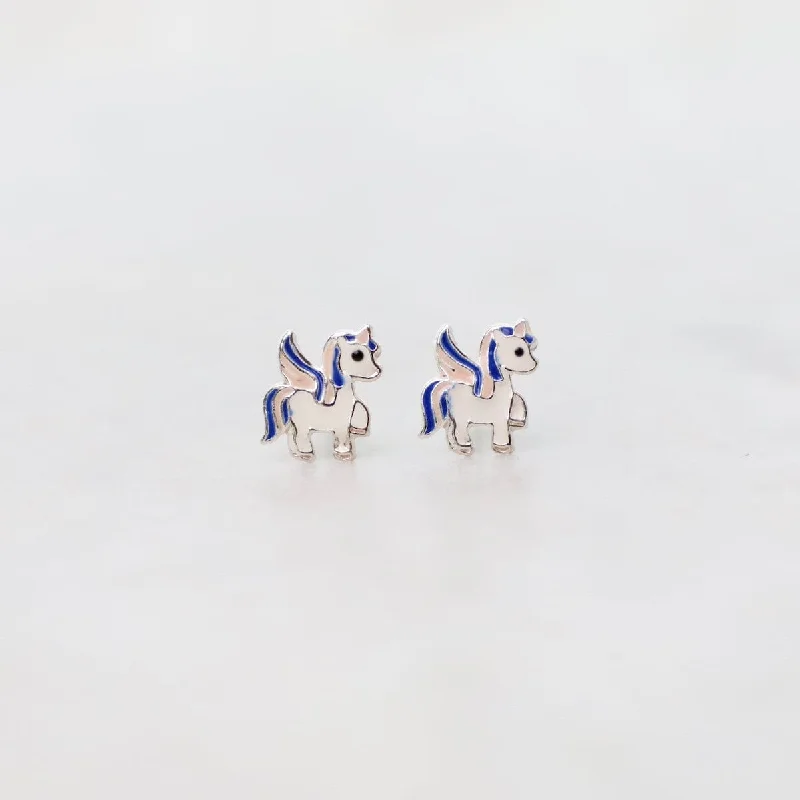 Modern Earrings For Contemporary Styles-Enamel Pegasus Post Earrings in Blue