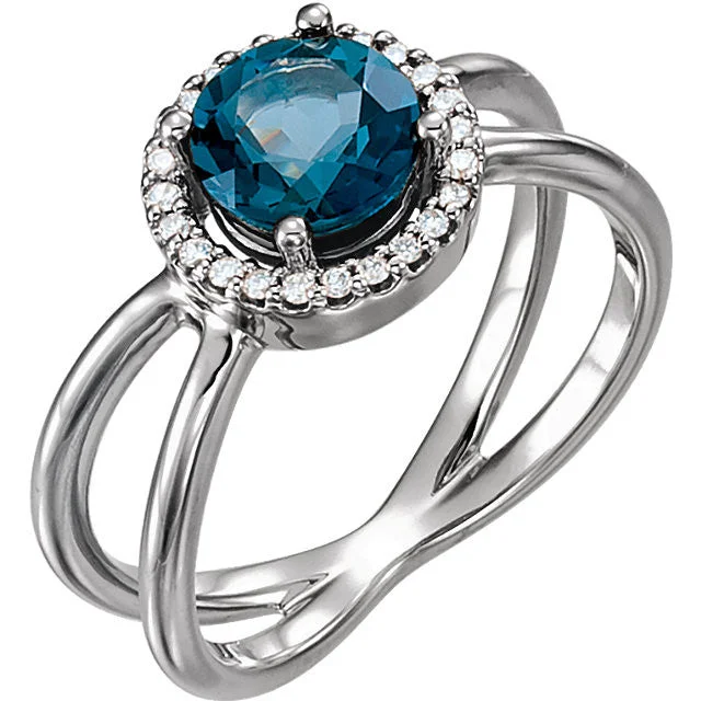 Sparkling Wedding Bands For Elegant Occasions-14k Gold London Blue Topaz & 1/8 CTW Diamond Halo-Style X Band Ring