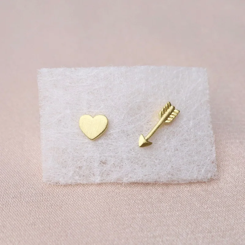 Fun Earrings For Playful Looks-Flat Heart & Arrow Mixed Stud Earrings - Brushed Gold Vermeil