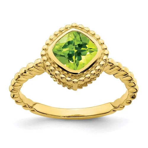 Elegant Rose Gold Rings For Elegant Fashion-10k or 14k Yellow Gold Cushion Peridot Bezel Set Beaded Design Ring