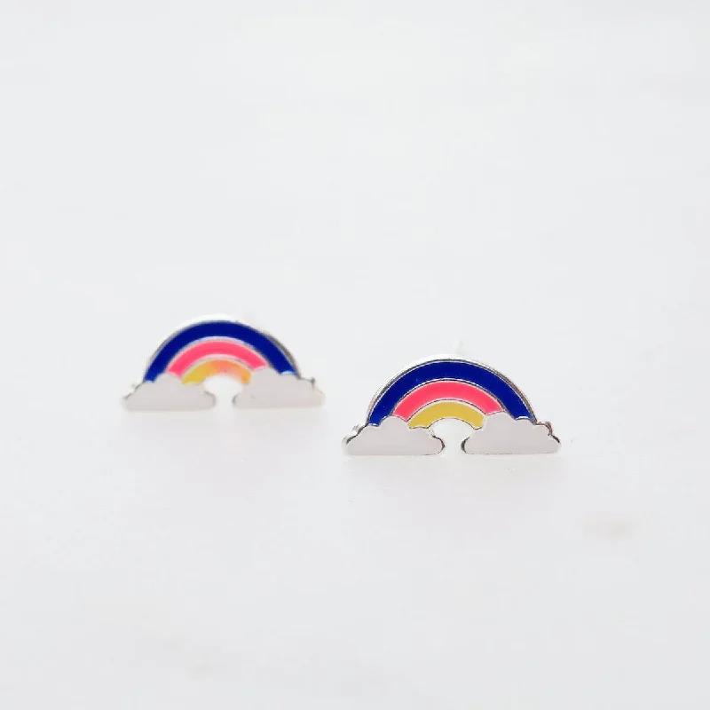 Beautiful Hoop Earrings For Special Days-Enamel Rainbow in Clouds Post Earrings - Blue, Hot Pink, & Yellow