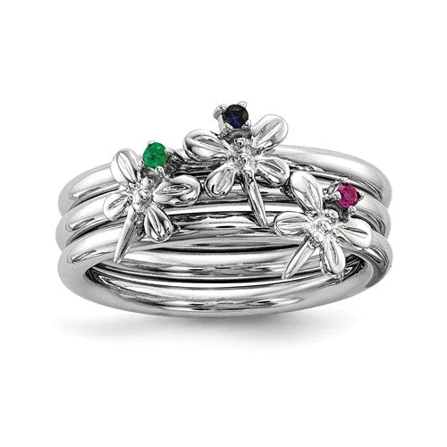 Stunning Gemstone Engagement Rings For Special Moments-Sterling Silver Blue Sapphire, Ruby and Emerald Dragonfly Set of 3 Rings