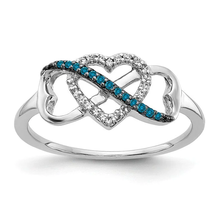 Sparkling Cocktail Rings For Special Celebrations-14k White Gold Blue And White Diamond Heart Infinity Ring