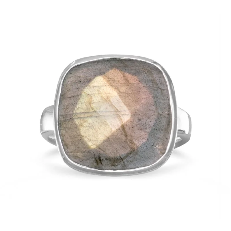 Stunning Cocktail Rings For Glamorous Parties-Sterling Silver Large Checkerboard Faceted Cushion Cut Labradorite Ring