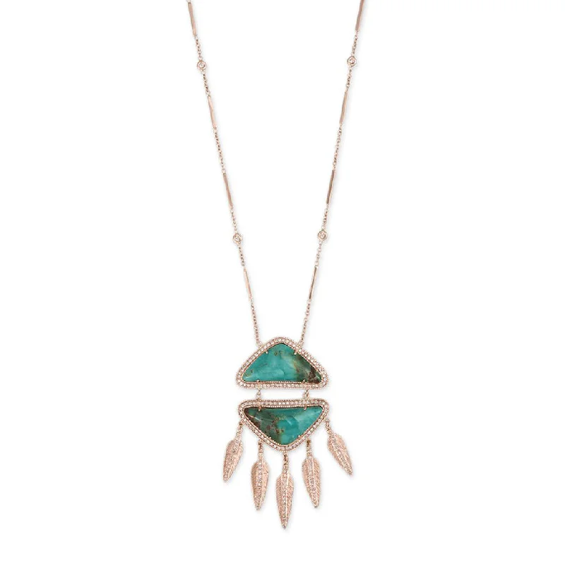 TURQUOISE PAVE DIAMOND FEATHER DREAMCATCHER NECKLACE