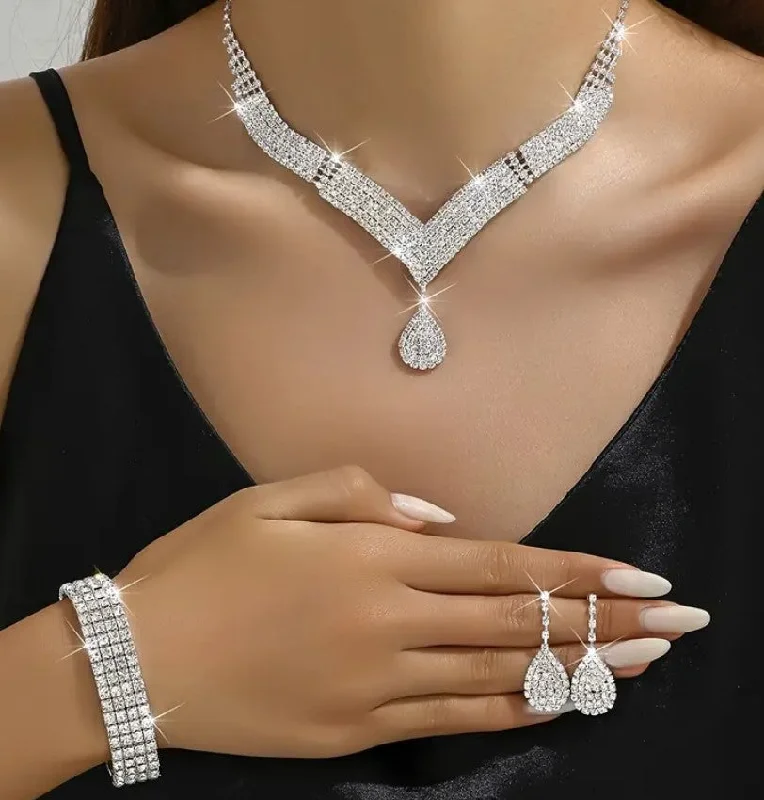 3pcs SILVER Jewelry Set l Rhinestone Earrings l Necklace l Bracelet l Prom l Wedding  JS-917