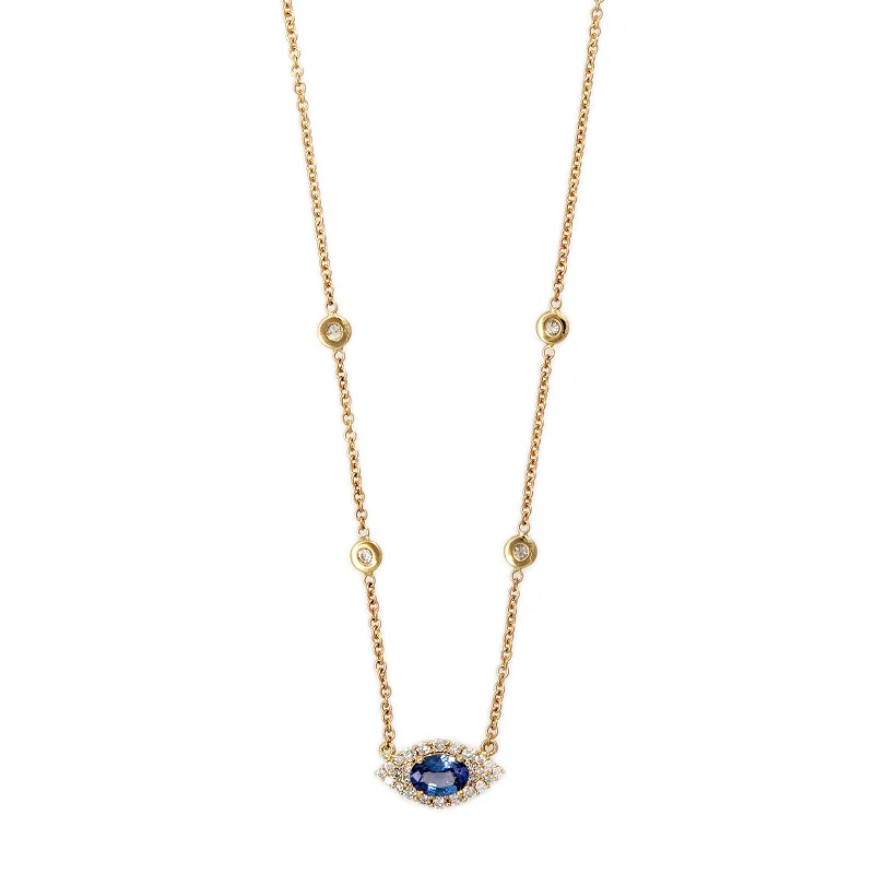 SMALL PAVE TANZANITE OVAL CENTER EYE DIAMOND NECKLACE