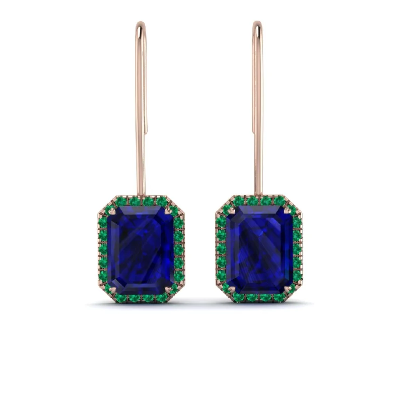 Trendy Dangle Earrings For Casual Looks-Halo Emerald Cut Sapphire Earrings - Izabella No. 29