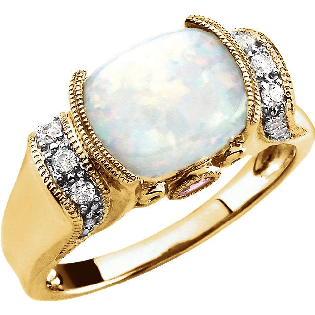 Elegant Wedding Bands For Romantic Vows-14k Yellow Gold Australian Opal, Pink Tourmaline & 1/6 CTW Diamond Ring