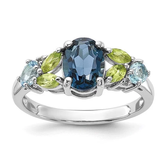 Elegant Diamond Rings For Wedding Day Glam-Sterling Silver London Blue, Swiss Blue, White Topaz and Peridot Ring