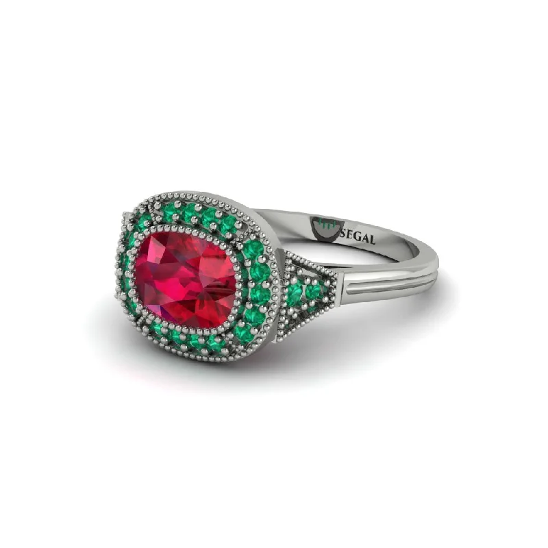 Gorgeous Platinum Engagement Rings For Luxury Brides-Cushion Cut Ruby Milgrain Halo Engagement Ring - Blake No. 27