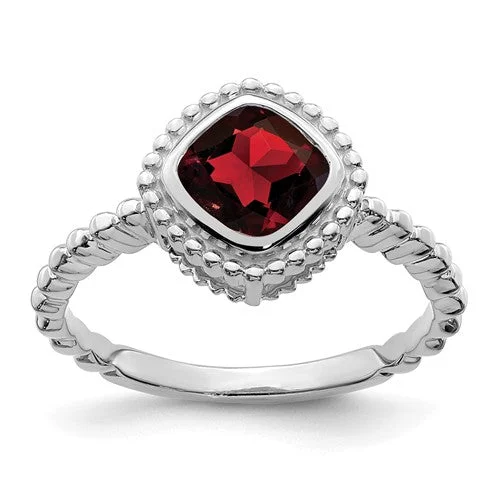 Sparkling Cocktail Rings For Special Celebrations-10k White Gold Cushion Garnet Bezel Set Beaded Design Ring