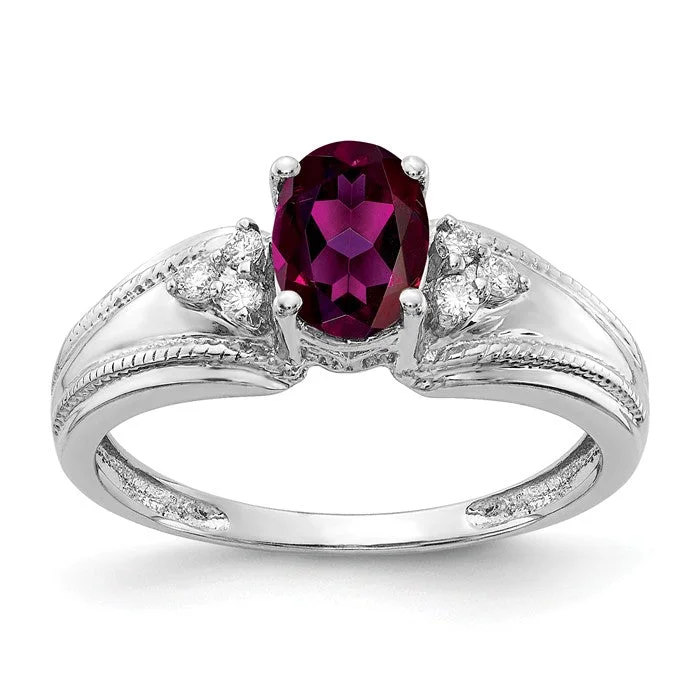 Custom Wedding Rings For Special Occasions-14k White Gold 7x5mm Oval Rhodolite Garnet and Diamond Ring