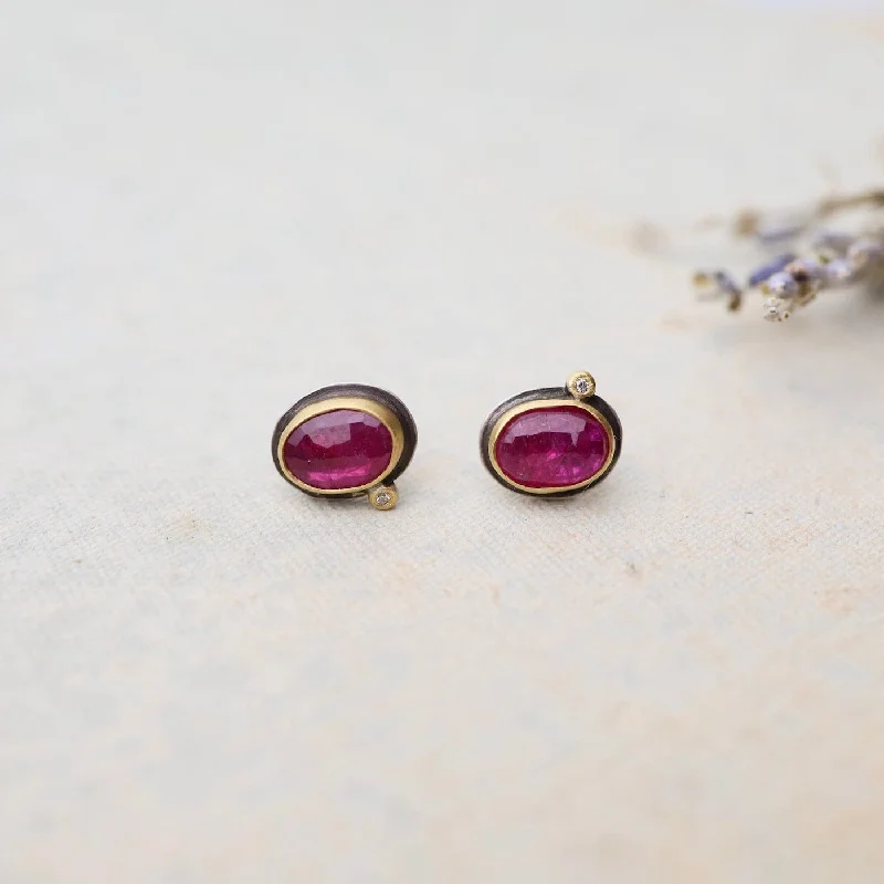 Vintage Drop Earrings For Classic Fashion-Rose Cut Ruby with Diamond Dot Stud Earrings