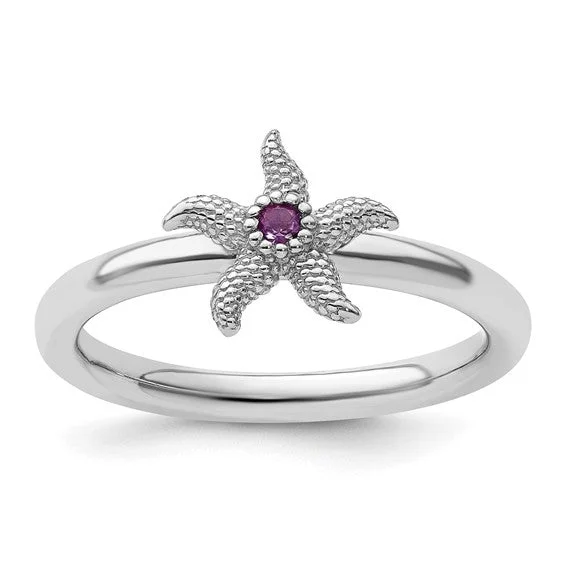 Personalized Birthstone Rings For Thoughtful Gifts-Sterling Silver Stackable Expressions Amethyst Starfish Ring