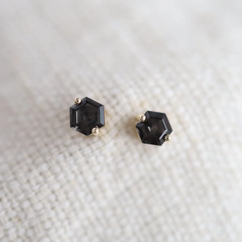 Bold Earrings For Statement Looks-Yellow Gold Hexagon Black Night Quartz Earrings