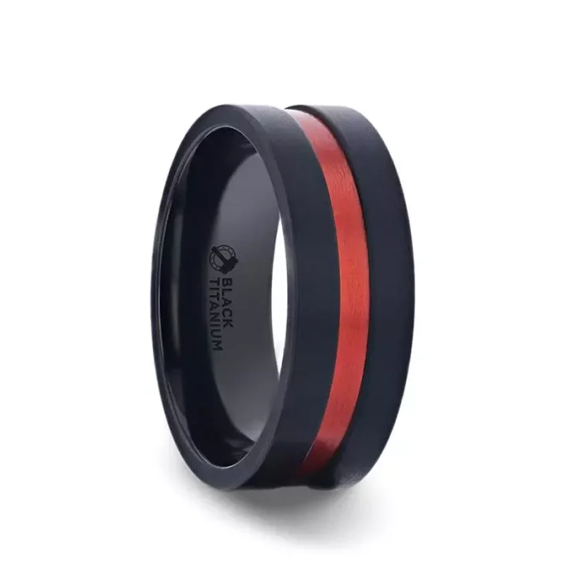 Custom Gold Rings For Special Occasions-Thorsten BLAZE Flat Brushed Black Titanium Men's Wedding Band With Red Aluminum Groove Brushed Center - 8mm