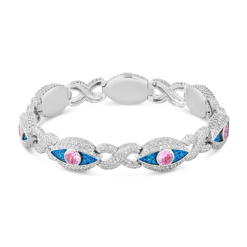 Gorgeous Beaded Bracelets For Vibrant Style-10K White Gold Evil Eye Pink and Blue Diamond Bracelet