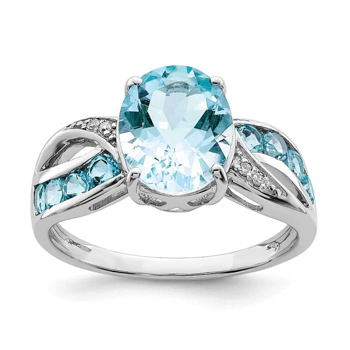 Timeless Gemstone Rings For Luxury Style-Sterling Silver Diamond & Light Swiss Blue Topaz Oval Ring