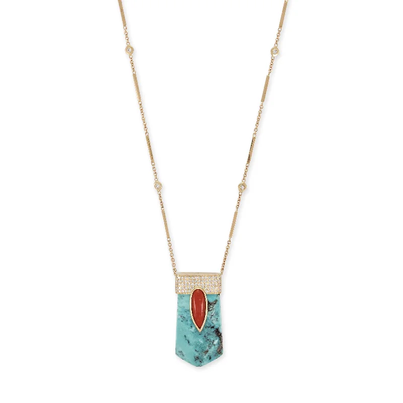 PAVE CORAL TEARDROP CAP + TURQUOISE CRYSTAL NECKLACE