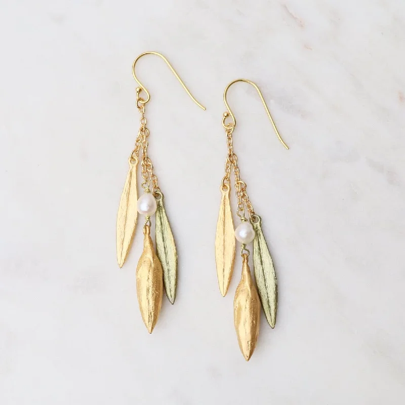 Unique Handmade Earrings For Gift Ideas-Leaf & Bud 3 Leaf Drop Earrings